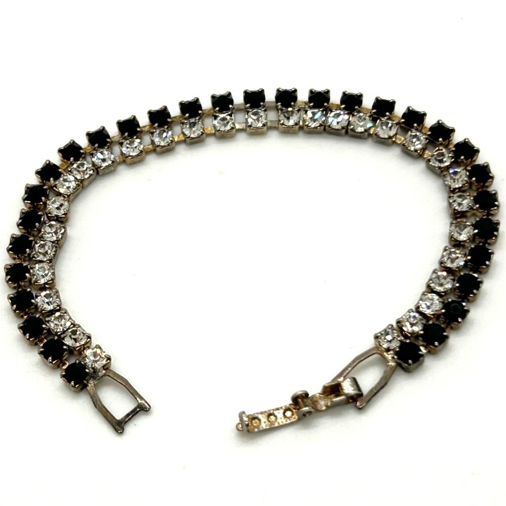 Vintage Tennis Bracelet With Black & Clear Rhinestones Silver Tone 6.5 Inches Lo - Picture 6 of 11